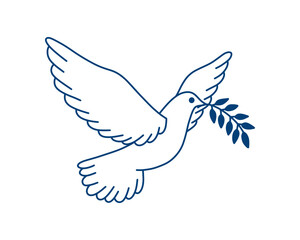 Minimalist dove of peace line art illustration. Simple, elegant vector symbol for hope, freedom, and international themes. Outline pigeon with olive branch, isolated on white background.