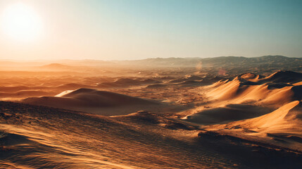 Fototapeta premium Vast desert landscape under a bright sun with rolling sand dunes