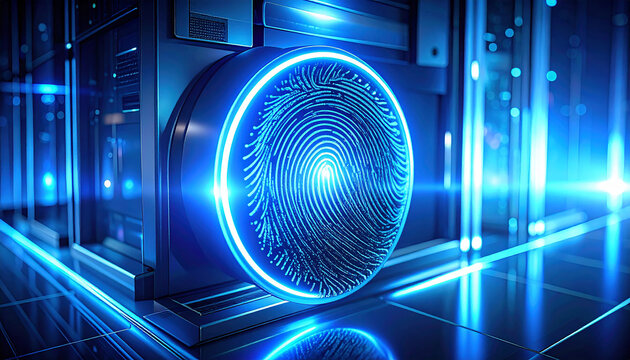 Cybersecurity Authentication: An illuminating blue fingerprint biometric scanner on a server rack. Symbol of cutting-edge network safety and verification. - Powered by Adobe