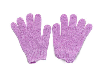 A pair of bright purple exfoliating bath gloves or scrubbing mitts, displayed side by side and isolated on a clean white background.