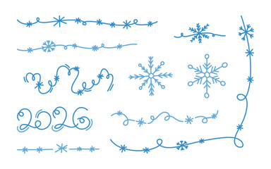 Set of minimalist winter line art elements like snowflakes, 2026 numbers, winter dividers and frame elements. Simple, elegant vector hand drawn doodle illustrations for holiday, cold, seasonal design.