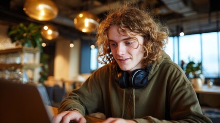 Man using laptop in coffee shop