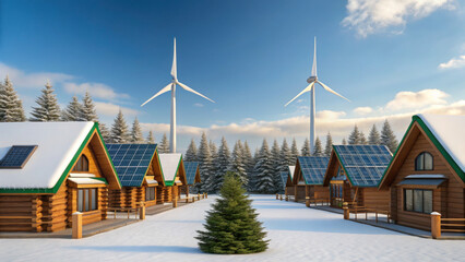 Christmas green energy eco friendly cabins with solar panels and wind turbines in snowy forest village under blue sky winter morning