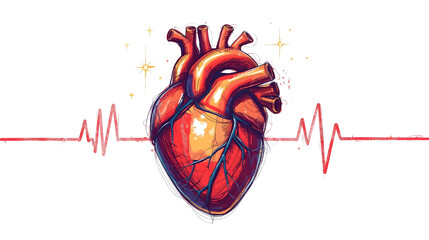 Anatomical heart illustration with a red heartbeat line and star accents on a black background on transparent background