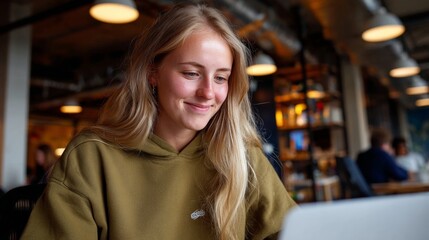 Woman using laptop at cafe