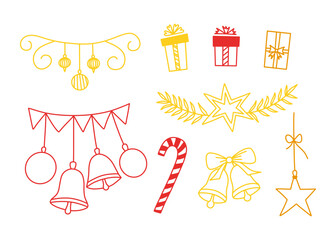 Set of hand drawn Christmas doodle elements. Includes stars, ornaments, gift box, festive garland and ribbons. Simple, cute, and festive vector graphics. Outline Christmas doodle festive decorations.