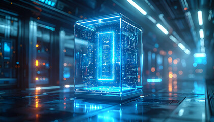 Futuristic Technology: An illuminated, transparent container of advanced technology glows amidst a backdrop of a modern server room, representing innovation and data processing.