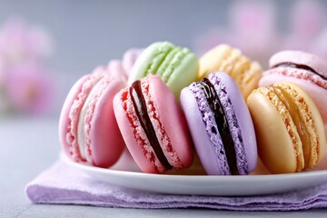 Macaron Delights: A colorful assortment of delicate macarons, each a miniature work of art, artfully arranged on a pristine plate.