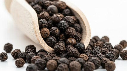Fragrant black peppercorns in wooden scoop provide a spicy flavor burst, perfect for culinary creations, gourmet spice blends, and healthy seasoning options