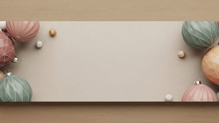Soft pastel christmas ornaments arranged as a festive border on a neutral background