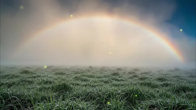 A magical morning landscape featuring a frost-covered field a misty horizon and a beautiful light arc with glowing orbs