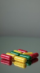 Bright yellow, red and green capsules or pills on reflective surface. Vitamins or medicine, vertical backdrop with copy space. Health concept. Overuse of dietary supplements issue