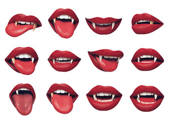 Female red vampire lips with bite fangs, stylized Gothic mouth illustration,
