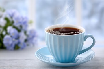 Steaming Coffee Comfort: A tranquil image of a steaming cup of coffee, exuding warmth and inviting comfort, next to a blurred backdrop of delicate flowers and a serene winter landscape.