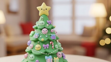 Cute cartoon christmas tree with happy star topper and festive ornaments