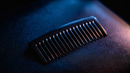 Close - up view of a black comb on a dark surface