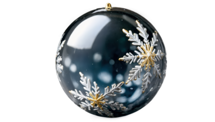 Holiday ornament with snowflakes design in dark blue and white colors hanging from a tree branch