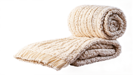 Cozy knitted cream blanket rolled up on a white surface perfect for chilly evenings and warm gatherings at home