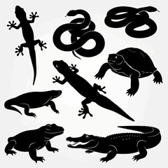 Obraz premium Black silhouettes of various reptiles and amphibians including lizards, snakes, turtles, frogs, and crocodiles on