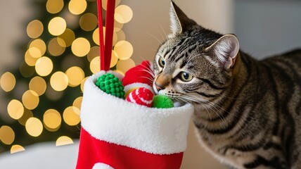 Tabby cat curiously sniffing festive pet stocking filled with toys, glowing Christmas lights in the background. Holiday season gor pets. Vet clinics, grooming salon, cat toys shop commercial