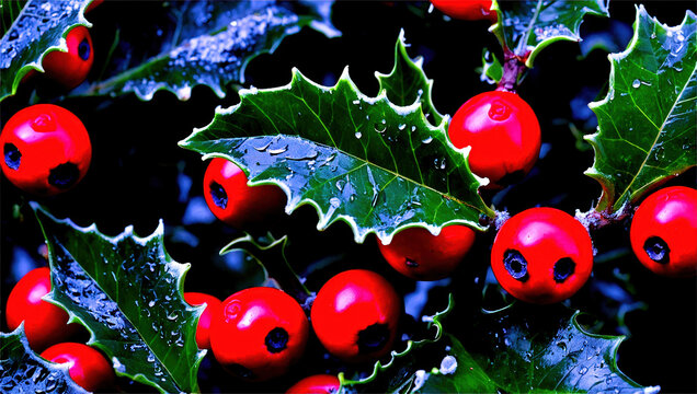 Vibrant red berries on holly branches glisten with fresh raindrops in a winter garden setting - Powered by Adobe