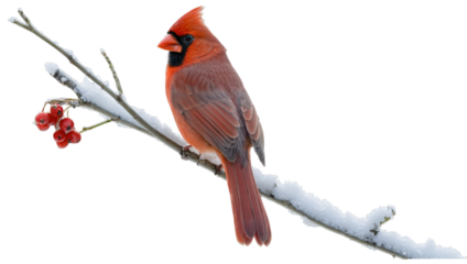 Bright red cardinal perched on snow-covered branch with berries during winter season