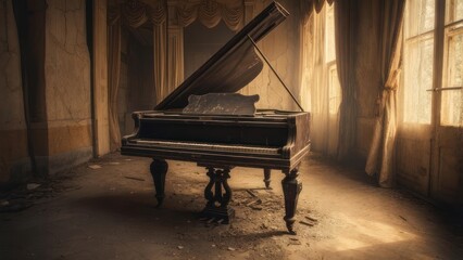 Sunlight streams onto a forgotten grand piano in a dusty room.