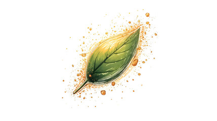 A single green leaf surrounded by golden particles on a black background illustration style art on transparent background