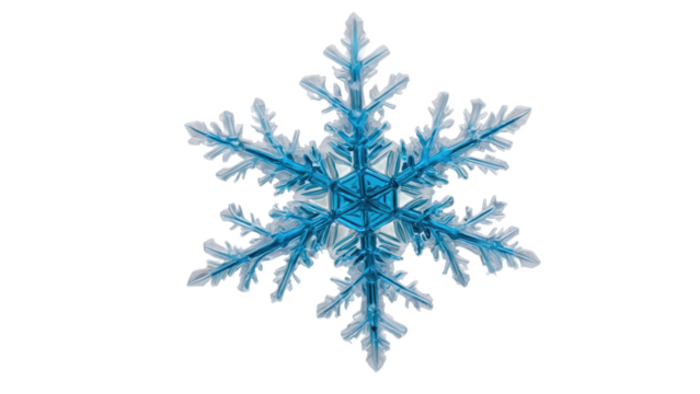 Snowflake made of blue plastic on a white background, showcasing intricate patterns of winter beauty and design