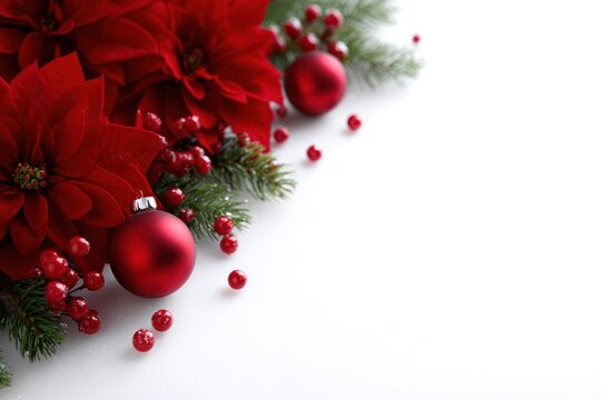 Holiday Ornament Display: An elegant composition of festive red poinsettia blossoms and ornaments, creating a vibrant seasonal display.