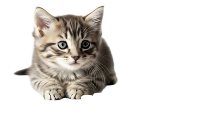 A cute tabby kitten with striking blue eyes looking directly at the camera on black background