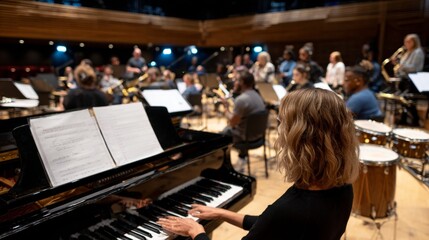 Woman playing piano in orchestra.