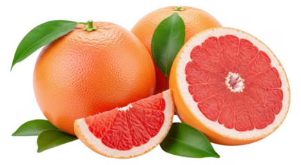 Whole grapefruits with green leaves and half cut slice showing red pulp and seeds isolated on transparent background png