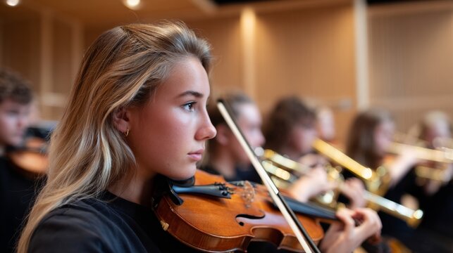 Woman musician playing violin in orchestra. - Powered by Adobe