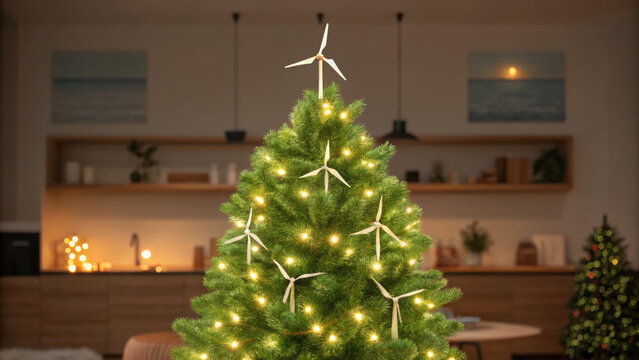 Christmas tree decorated with green energy eco friendly wind turbine ornaments and warm lights in cozy living room
