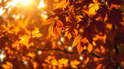 Vibrant Autumn Maple Leaves in Sunlight. Golden Fall Tree Background. Bright Red and Orange Seasonal Foliage Texture for Thanksgiving or Harvest Concepts.