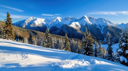 Fototapeta premium Serene Winter Landscape with Snow-Capped Mountains and Evergreen Trees Under Clear Blue Sky