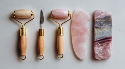 Set of beauty tools including jade rollers and gua sha stones for skincare