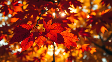 Vibrant Autumn Maple Leaves in Sunlight. Golden Fall Tree Background. Bright Red and Orange Seasonal Foliage Texture for Thanksgiving or Harvest Concepts.
