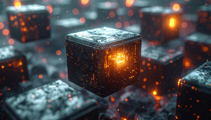Digital Cubes: A cluster of metallic cubes, each illuminated by a fiery core, embodies the essence of futuristic data centers and digital advancement.