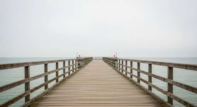 Empty wooden pier stretching into tranquil ocean under overcast sky