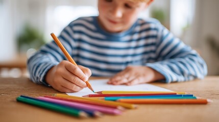 Child writing at desk with crayons.