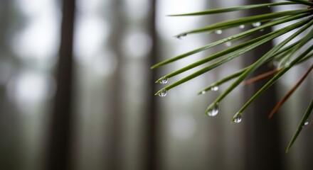 Close-up of dew on pine needles in misty forest