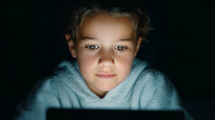 A young boy using a laptop at night.