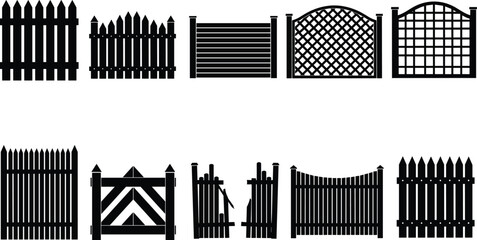 Fence silhouette collection with wooden picket designs, garden gate vector set, rustic and modern fencing styles, black and white illustration, exterior boundary icons