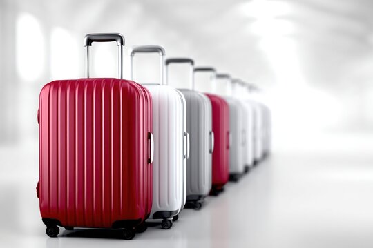 Travel Lineup: A series of sleek, modern suitcases in a spectrum of colors stand in a neat line, representing travel, tourism, and wanderlust.