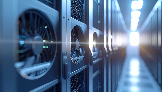 Data Center Infrastructure: A sleek, modern data center featuring rows of server cabinets, vital components of a digital age. Focus on advanced technology and vast storage capabilities.