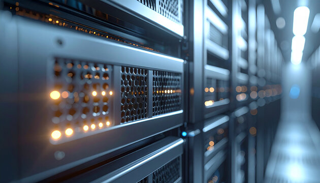 Digital Fortress: a dynamic perspective showcasing rows of data servers, signifying the backbone of information storage and advanced technology.