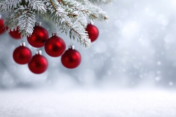 Winter Holiday Ornament: Christmas ornaments, gently suspended from a snow-covered branch, reflect the serene beauty of a winter wonderland. Each red bauble shines with festive spirit.