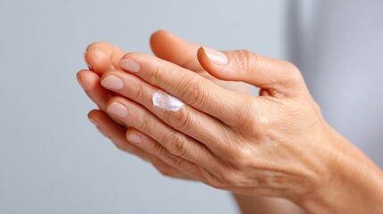 Woman applying lotion to her hands.